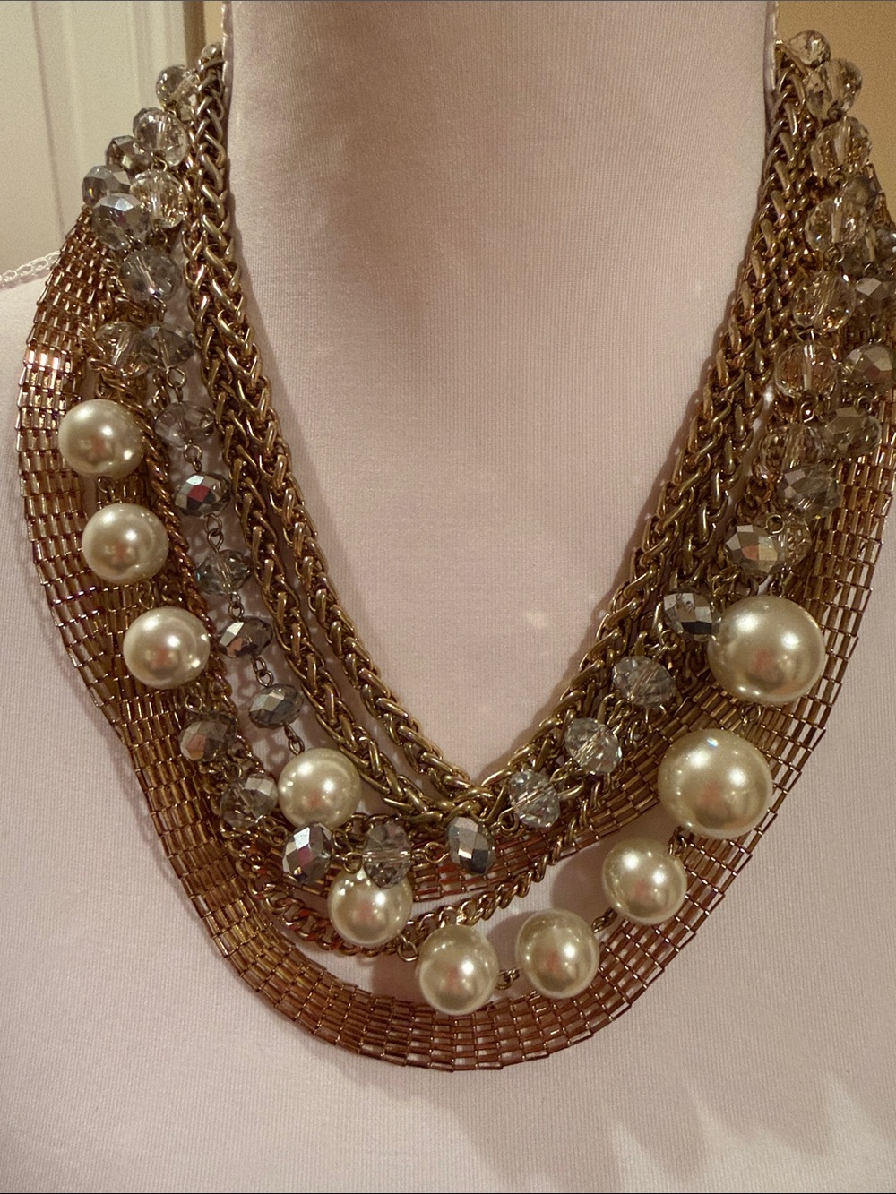 Cache Gold-Tone Multi Strand Necklace with Pearls and Crystal Beads